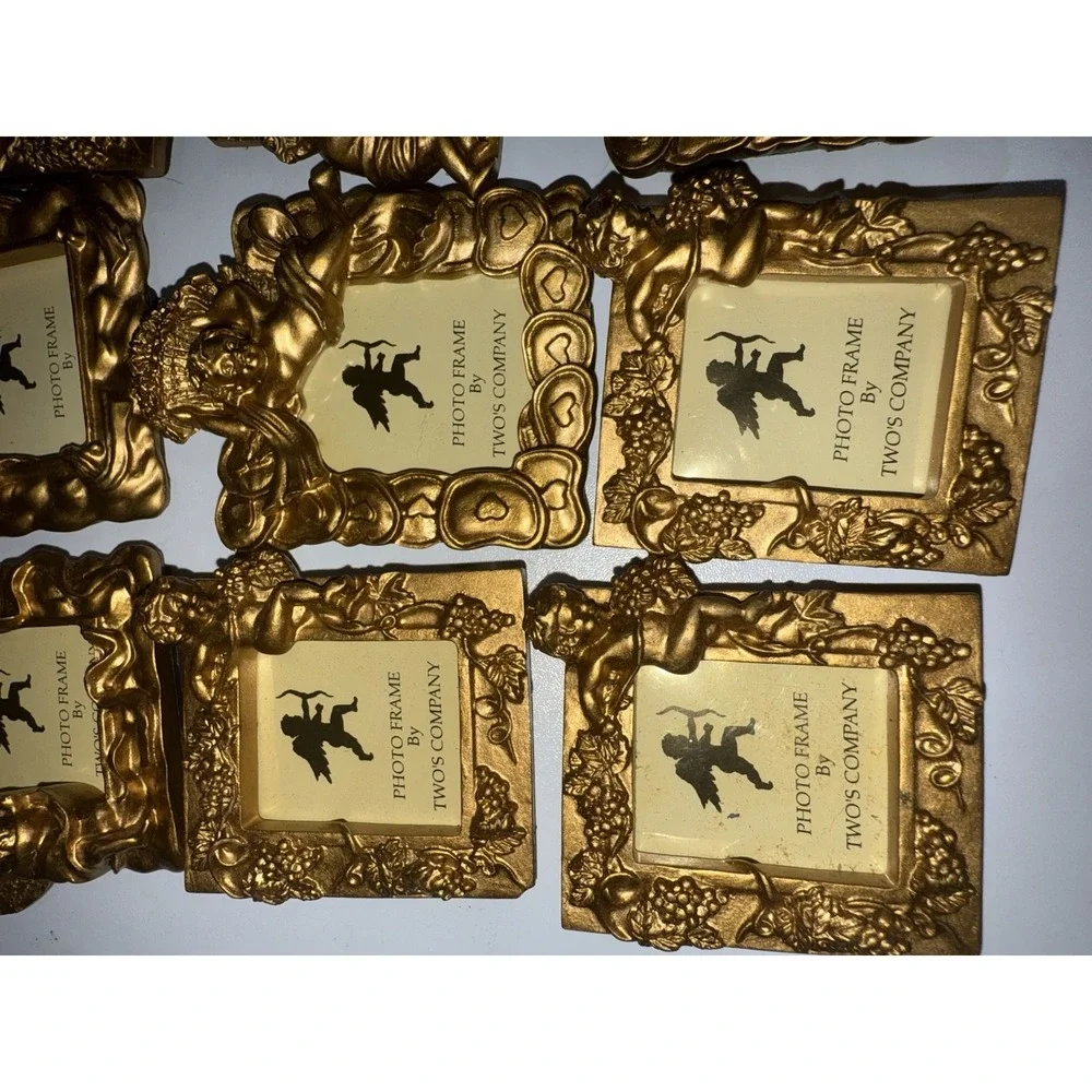 VTG Set of 12 Gold Toned Two's Company Small‎ Photo Frames Angel Cherub Ribbon N